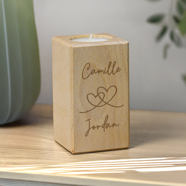 Personalised Engraved Hearts Wooden Tealight Holder