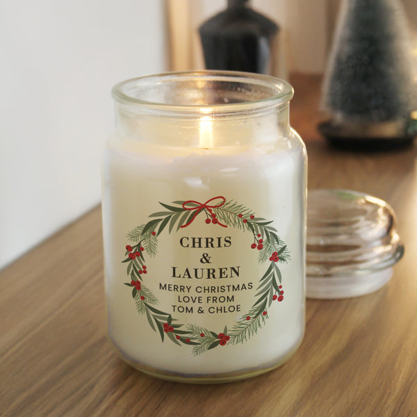 Personalised Christmas Wreath Large Candle Jar