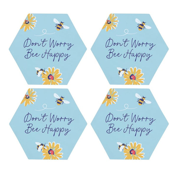 Hexagonal stickers with bees and flowers and 'Don't Worry Bee Happy' text on a light blue background.
