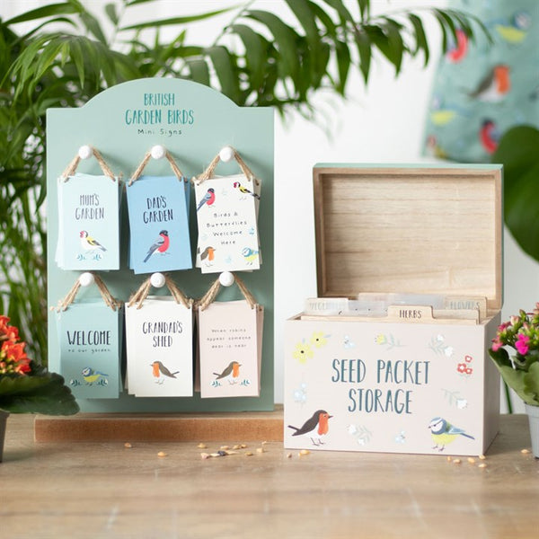 British Garden Birds seed packet storage box – Panache Homeware garden organiser tin, bird print storage container, gardening accessory, perfect gift for gardeners