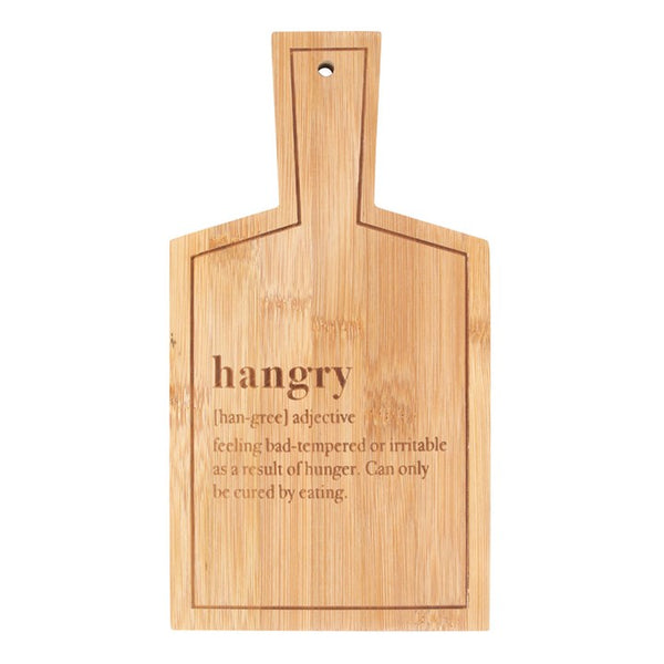 Wooden cutting board with engraved definition of 'hangry' on a white background