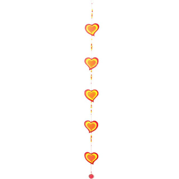 Red and yellow hearts on a string suncatcher – Panache Homeware ethically sourced window decor, colourful boho hanging ornament, heart suncatcher, perfect gift.