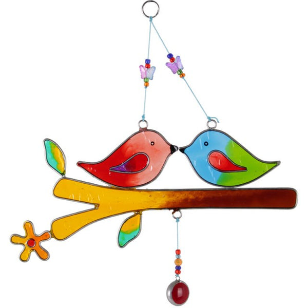 Lovebird glass and metal suncatcher – Panache Homeware boho home & garden decor, colourful window hanging, bird-themed ornament, perfect gift.