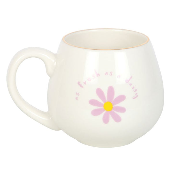 White ceramic mug with pink daisy floral design – Panache Homeware Kitchen Collection, cute cottagecore coffee and tea cup.