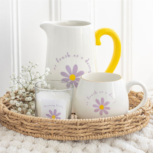 White ceramic pitcher and mug with floral design on woven tray – Panache Homeware Kitchen Collection, elegant cottagecore kitchen decor set.