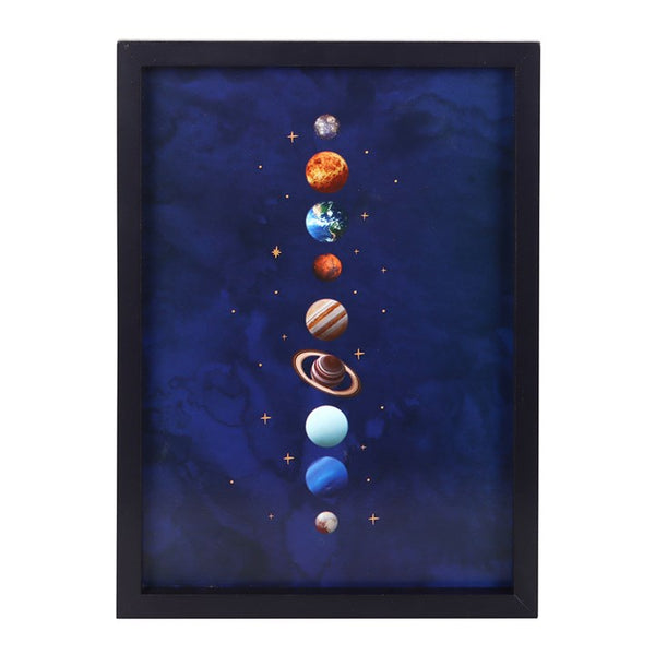 Solar system framed wall print featuring all nine planets with gold accents – Panache Homeware Kitchen Collection, cosmic celestial home decor, perfect gift idea
