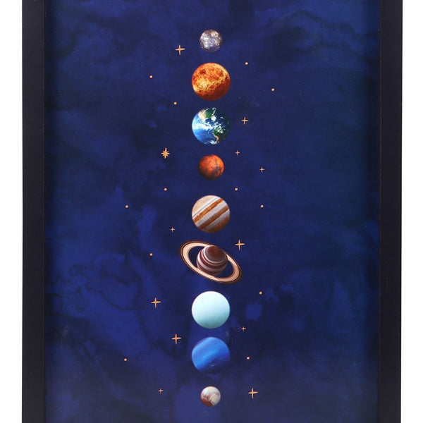 Deep blue framed wall art print of the solar system with gold detailing – Panache Homeware Kitchen Collection, astronomy-inspired wall decor, perfect gift.