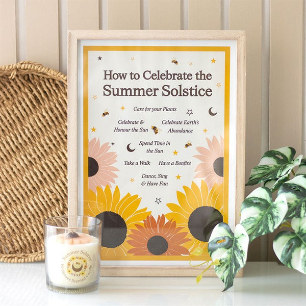How to Celebrate the Summer Solstice framed wall art print – Panache Homeware Kitchen Collection, mystical boho home decor, perfect gift.