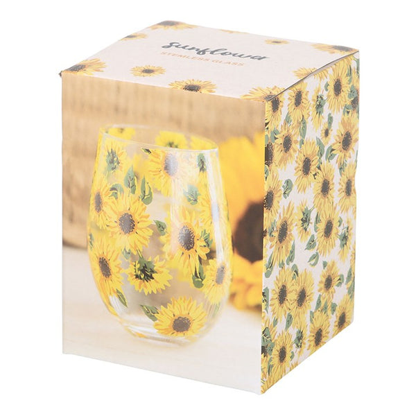 Stemless wine glass with sunflower design in packaging.