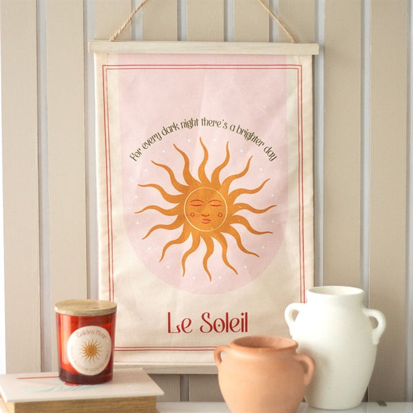 Le Soleil rectangular wall hanging with sun design and inspirational text ‘For Every Dark Night There’s a Brighter Day’ – Panache Homeware Kitchen Collection, celestial boho wall decor, perfect gift
