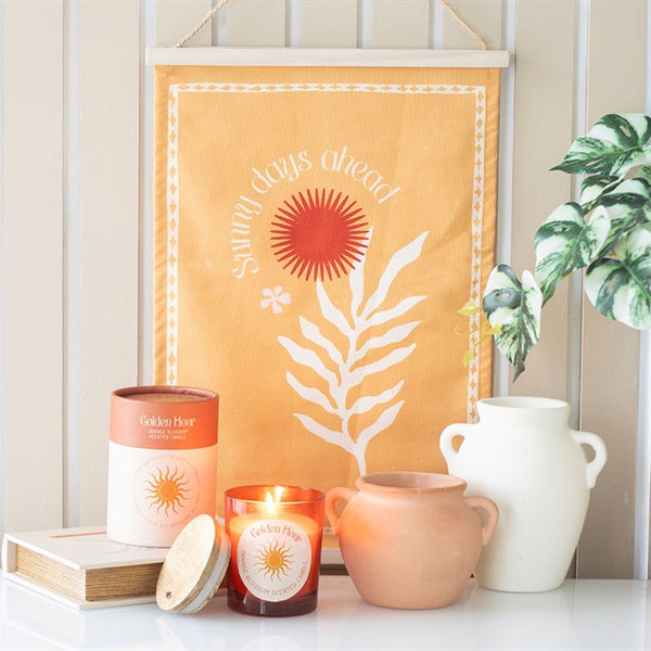 Vibrant Sunny Days Ahead wall hanging with sun and leaf motif – Panache Homeware Kitchen Collection, positive boho home decor, perfect gift.