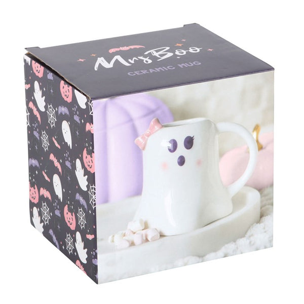 White ghost-shaped ceramic mug in Halloween-themed gift box – Panache Homeware Kitchen Collection, spooky cute coffee cup gift.