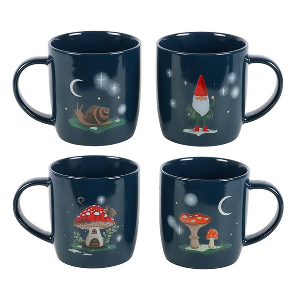 Four navy blue mugs with gnome and mushroom designs on a white background