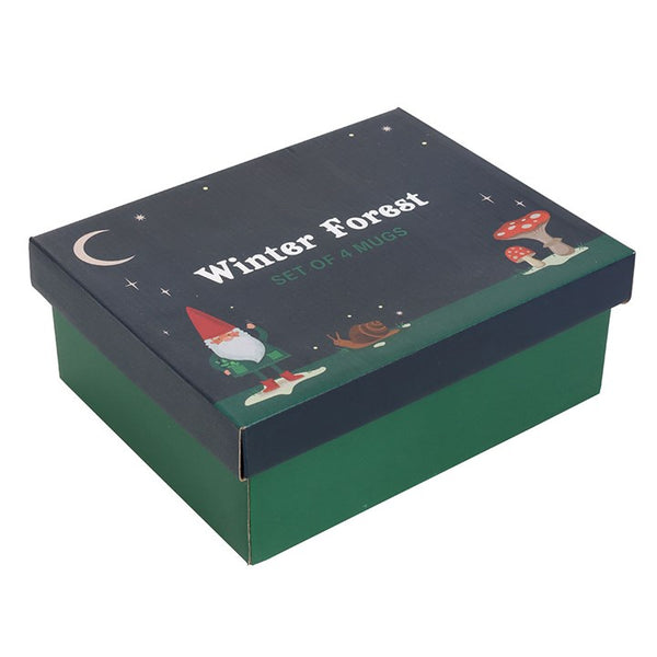 Box with 'Winter Forest' and 'Set of 4 Mugs' text, featuring a gnome and mushroom design.