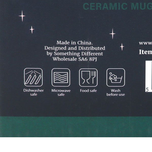 Back of a ceramic mug with safety and usage instructions.