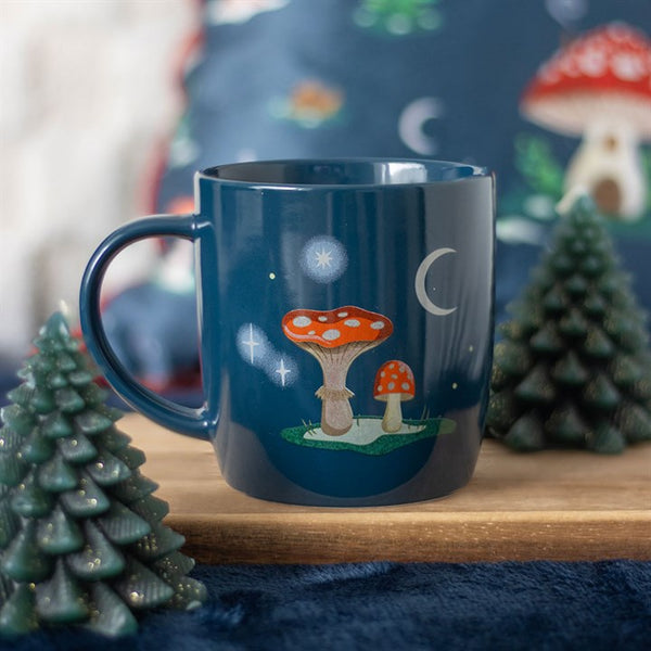 Blue ceramic mug with mushroom and night sky design – Panache Homeware Kitchen Collection, whimsical cottagecore coffee cup