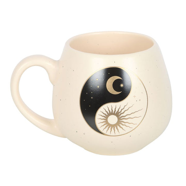 Beige ceramic mug with sun, moon and yin yang design – Panache Homeware Kitchen Collection, mystical boho cottagecore coffee cup.