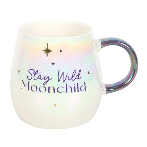 Iridescent rounded ceramic mug with ‘Stay Wild Moon Child’ text and star designs – Panache Homeware Kitchen Collection, celestial coffee cup, perfect gift.