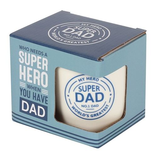 Super Dad ceramic mug with blue handle, My Hero and World’s Greatest Dad phrases – Panache Homeware Kitchen Collection, novelty dad coffee mug, perfect gift idea.