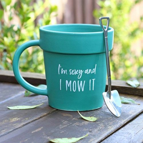 Sexy and I Mow It ceramic pot mug with shovel spoon – Panache Homeware Kitchen Collection, novelty gardening coffee cup, perfect gift