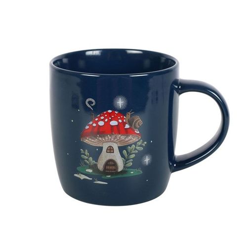 Navy blue ceramic mug with mushroom and snail design – Panache Homeware Kitchen Collection, whimsical cottagecore coffee cup