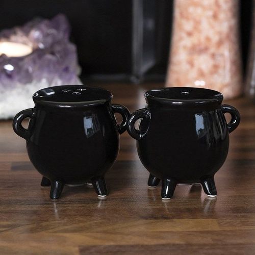 Cauldron cruet set with two black ceramic cauldrons – Panache Homeware Kitchen Collection, mystical Halloween kitchenware, perfect gift.