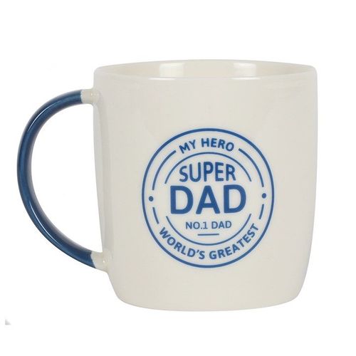 White ceramic mug with blue handle and ‘Super Dad’ text plus ‘My Hero’ and ‘World’s Greatest Dad’ – Panache Homeware Kitchen Collection, Father’s Day coffee cup, perfect gift.