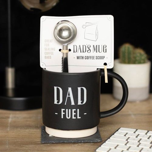 Black ceramic mug with ‘Dad Fuel’ text, coffee scoop and coaster – Panache Homeware Kitchen Collection, Father’s Day coffee gift set