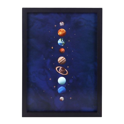Framed wall print of the solar system with 9 planets on deep blue and gold background – Panache Homeware Kitchen Collection, celestial wall art, perfect gift.
