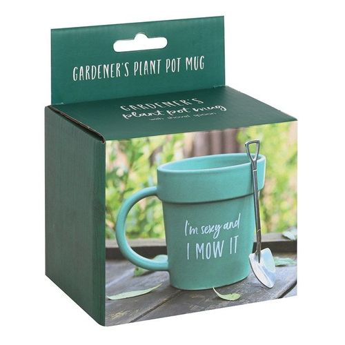 Ceramic mug styled as a plant pot with Sexy and I Mow It slogan and shovel spoon – Panache Homeware Kitchen Collection, quirky coffee cup, perfect gift.