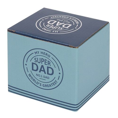 White ceramic Super Dad mug with blue handle and inspirational dad quotes – Panache Homeware Kitchen Collection, Father’s Day novelty coffee cup, perfect gift