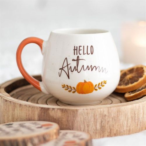 White rounded ceramic mug with ‘Hello Autumn’ text and pumpkin graphic – Panache Homeware Kitchen Collection, cozy fall coffee cup, perfect gift