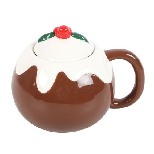 Teapot shaped like a Christmas pudding with a red cherry on top.