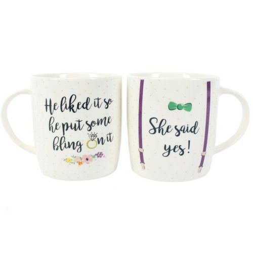 Pair of ceramic mugs with She Said Yes funny text design – Panache Homeware Kitchen Collection, novelty engagement mug set, perfect gift idea.