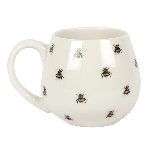 White rounded mug with bee illustrations on the side.