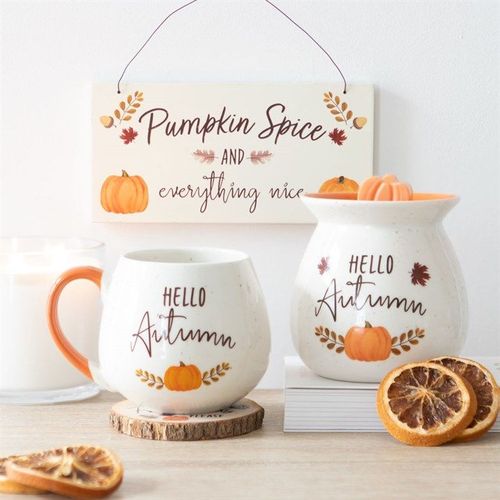 Hello Autumn rounded white ceramic mug with pumpkin design – Panache Homeware Kitchen Collection, rustic autumn tea and coffee mug, perfect gift idea.