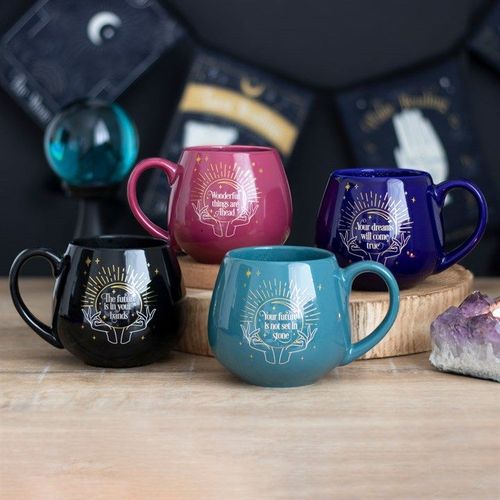 Set of four ceramic mugs in black, pink, blue and teal with motivational phrases – Panache Homeware Kitchen Collection, inspirational cottagecore coffee cup set.