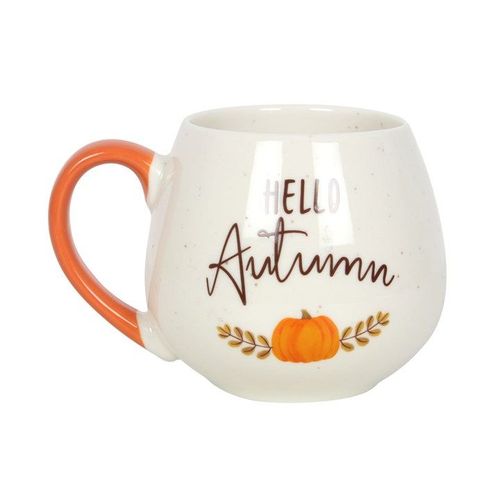 White ceramic mug with Hello Autumn lettering and pumpkin illustration – Panache Homeware Kitchen Collection, seasonal fall coffee mug, perfect gift.