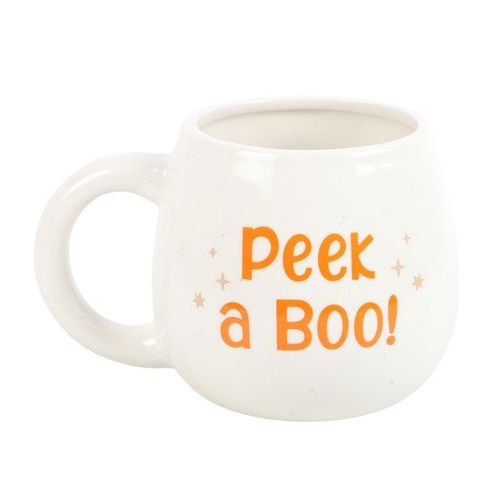 Rounded white ceramic Peekaboo Ghost mug with Halloween design – Panache Homeware Kitchen Collection, cute autumn coffee mug, perfect gift.
