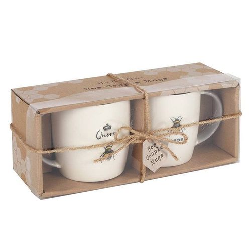 Pair of bee-themed ceramic mugs, Queen Bee and Bee Keeper – Panache Homeware Kitchen Collection, rustic cottagecore coffee cups, perfect gift.