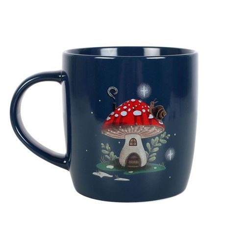 Navy ceramic mug with whimsical red and white mushroom house, snail, crescent moon and stars – Panache Homeware Kitchen Collection, magical cottagecore coffee cup.
