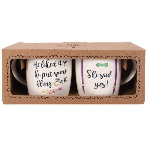 She Said Yes mug set of two with humorous text – Panache Homeware Kitchen Collection, wedding engagement coffee cup duo, perfect gift