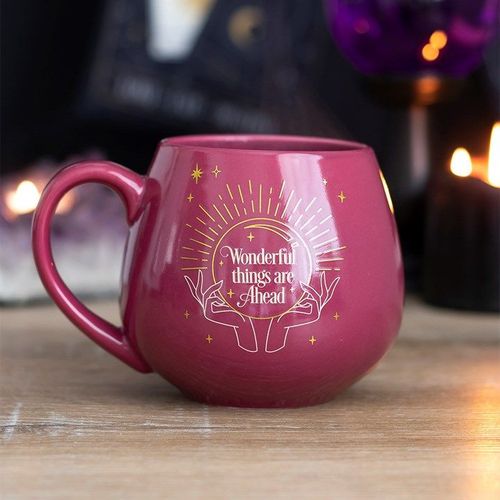 Red ceramic mug with decorative handle and ‘Wonderful Things Are Ahead’ text – Panache Homeware Kitchen Collection, inspirational cottagecore coffee cup.