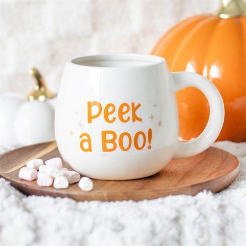 White rounded ceramic mug with ‘Peek A Boo’ text – Panache Homeware Kitchen Collection, cute Halloween ghost coffee cup, perfect gift.
