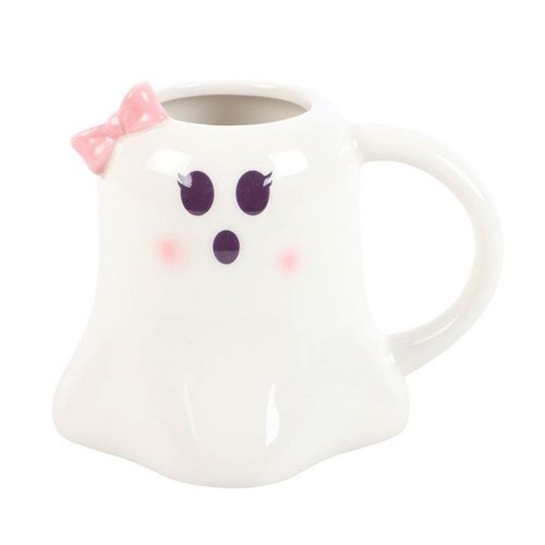 White ghost-shaped ceramic mug with pink bow, purple eyes and pink blush – Panache Homeware Kitchen Collection, cute spooky cottagecore coffee cup.