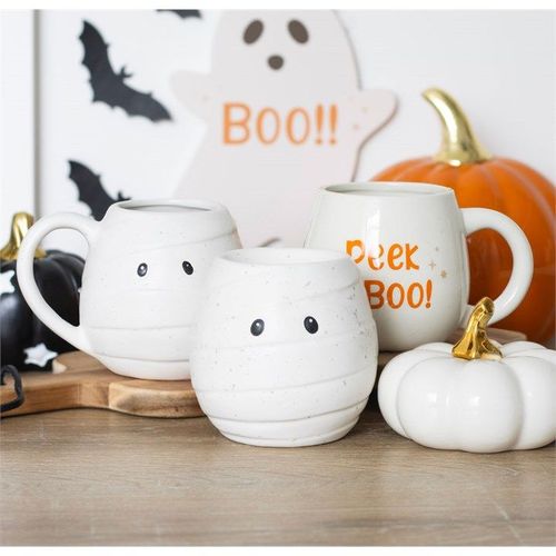 White ceramic Halloween mug with Peek A Boo text and ghost theme – Panache Homeware Kitchen Collection, festive spooky coffee cup, perfect gift.