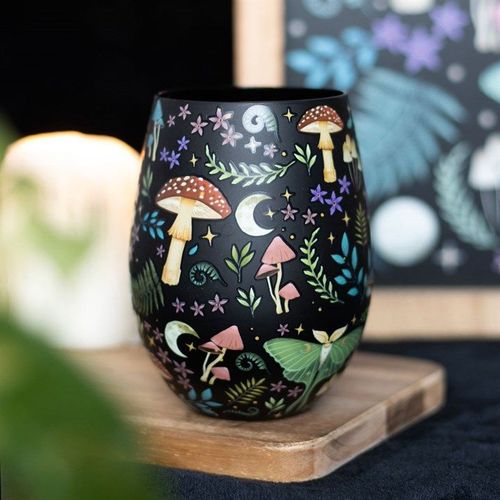 Black ceramic tumbler with mushroom and nature design – Panache Homeware Kitchen Collection, whimsical woodland cottagecore travel cup, perfect gift.