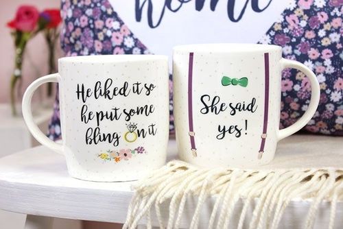 Set of 2 ceramic mugs with humorous ‘She Said Yes’ text – Panache Homeware Kitchen Collection, engagement coffee mug set, perfect gift.
