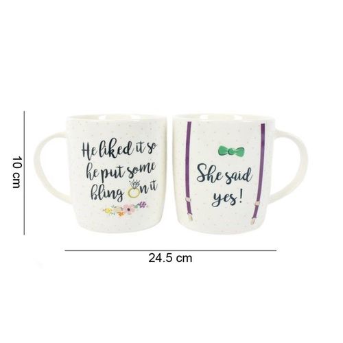 Set of two white ceramic mugs with She Said Yes text – Panache Homeware Kitchen Collection, funny engagement mugs, perfect gift.