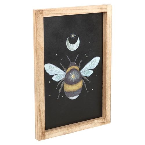 Forest Bee framed wall print with detailed bee illustration, crescent moon and stars on a black background in a wooden frame – Panache Homeware Kitchen Collection, celestial boho wall art, mystical home decor, perfect gift.